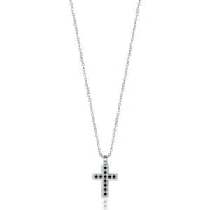 COLLANA UOMO IN ACCIAIO CON CROCE E CRISTALLI NERI