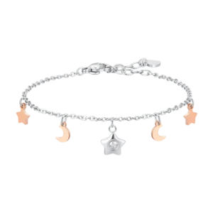 BRACCIALE DONNA IN ACCIAIO, STELLA CON ZIRCONE BIANCO, LUNE E STELLE IP ROSE