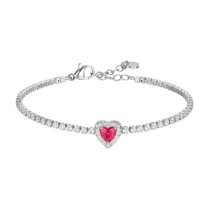 BRACCIALE TENNIS DONNA IN ACCIAIO CON CUORE CON ZIRCONI ROSSI E BIANCHI