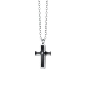 COLLANA UOMO IN ACCIAIO CROCE IP NERO E ZIRCONE