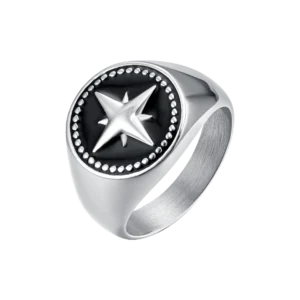 ANELLO UOMO IN ACCIAIO CON ROSA DEI VENTI E SMALTO NERO